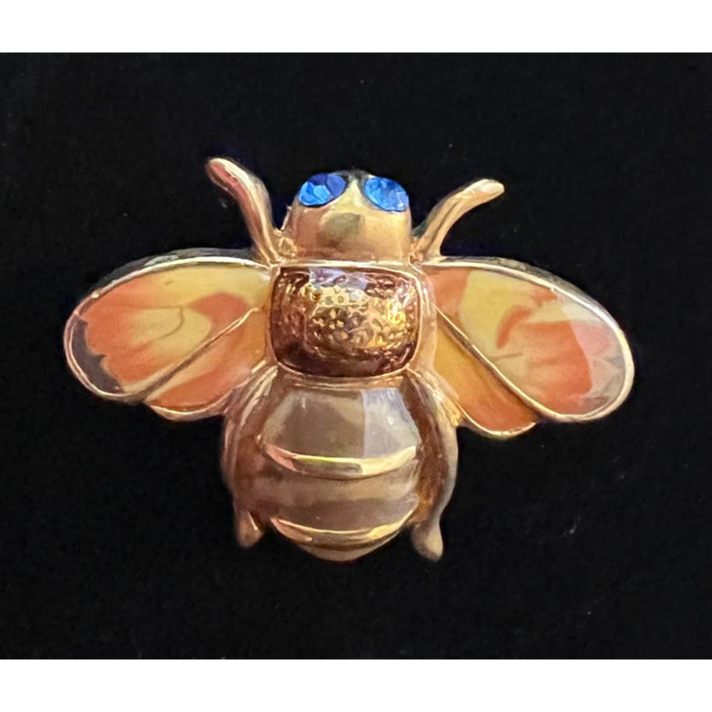VTG Signed LANDAU Brooch Bee Insect Gorgeous Enamel & Blue Crystal Eyes Designer